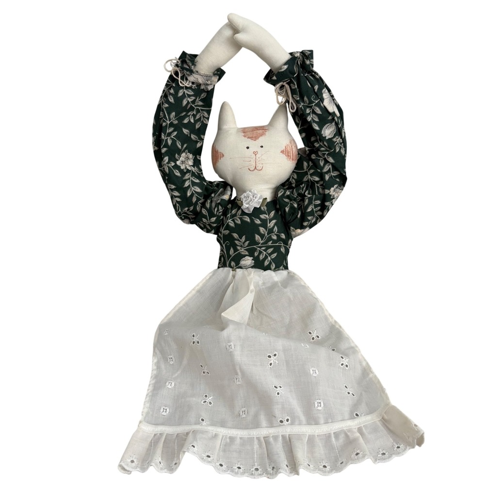 Vintage Handmade Primitive Cloth Cat‎ Doll Green Floral Eyelet Lace Dress 20"